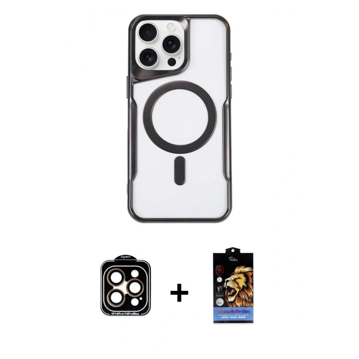 MARSİLYAN™- iPhone 14 Pro Max Kılıf Yadigar Klasik Özel Seri - Siyah Buffer Hayalet Cam Ekran Koruyucu + PVD Metal Kamera Lens - TU