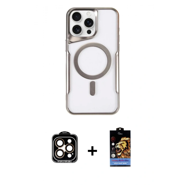 MARSİLYAN™- iPhone 14 Pro Max Kılıf Yadigar Klasik Özel Seri - Siyah Buffer Hayalet Cam Ekran Koruyucu + PVD Metal Kamera Lens - TU