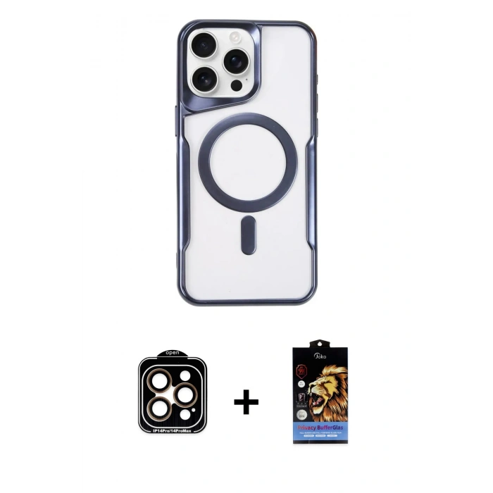 MARSİLYAN™- iPhone 14 Pro Max Kılıf Yadigar Klasik Özel Seri - Siyah Buffer Hayalet Cam Ekran Koruyucu + PVD Metal Kamera Lens - TU