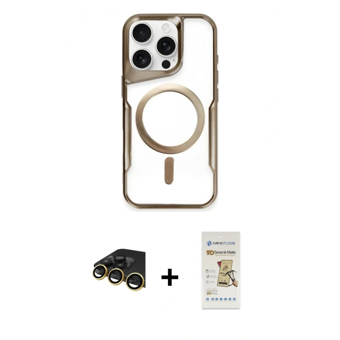 MARSİLYAN™- iPhone 14 Pro Max Kılıf Yadigar Klasik Özel Seri - Siyah Mat Seramik Nano Ekran Koruyucu + Gold Raze Metal Kamera Lens