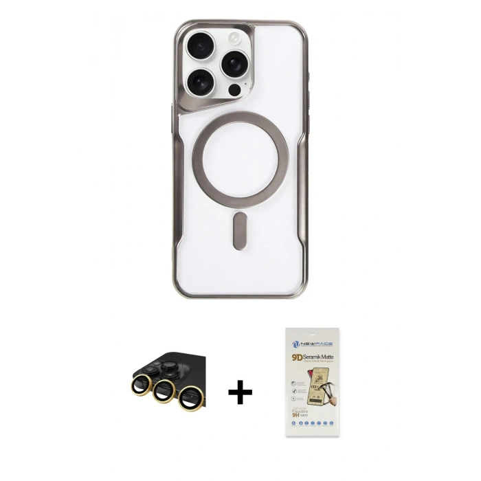 MARSİLYAN™- iPhone 14 Pro Max Kılıf Yadigar Klasik Özel Seri - Siyah Mat Seramik Nano Ekran Koruyucu + Gold Raze Metal Kamera Lens