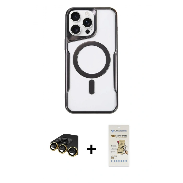 MARSİLYAN™- iPhone 14 Pro Max Kılıf Yadigar Klasik Özel Seri - Siyah Mat Seramik Nano Ekran Koruyucu + Gold Raze Metal Kamera Lens