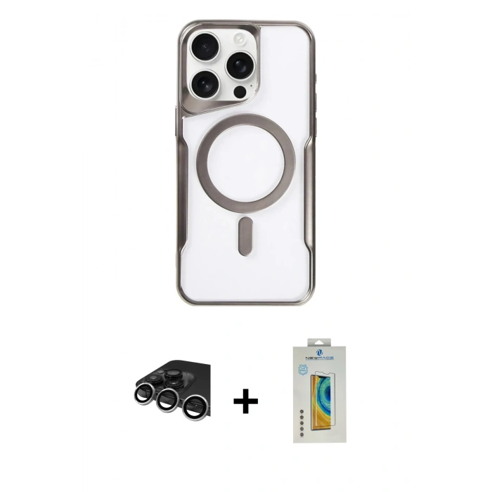 MARSİLYAN™- iPhone 14 Pro Max Kılıf Yadigar Klasik Özel Seri - Siyah Polymer Nano Ekran Koruyucu + Gümüş Raze Metal Kamera Lens