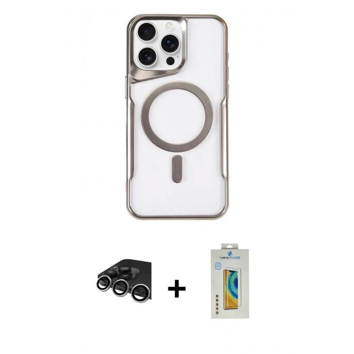 MARSİLYAN™- iPhone 14 Pro Max Kılıf Yadigar Klasik Özel Seri - Siyah Polymer Nano Ekran Koruyucu + Gümüş Raze Metal Kamera Lens