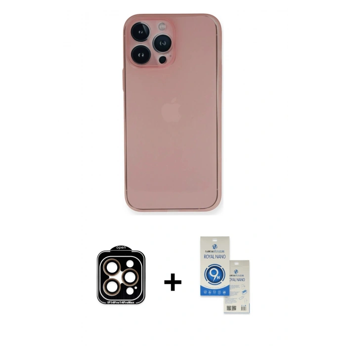 MARSİLYAN™- iPhone 14 Pro Max Kılıf Yadigar Yansıma Serisi - Şeffaf Royal Nano Ekran Koruyucu + PVD Metal Kamera Lens - TU