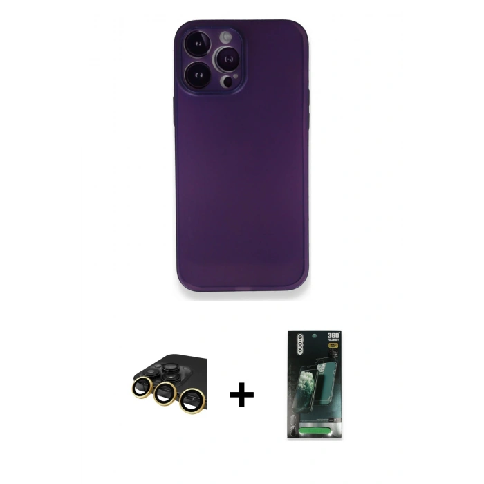 MARSİLYAN™- iPhone 14 Pro Max Kılıf Yadigar Yansıma Serisi - Siyah 360 Mat Full Body Arka Koruyucu + Gold Raze Metal Kamera Lens