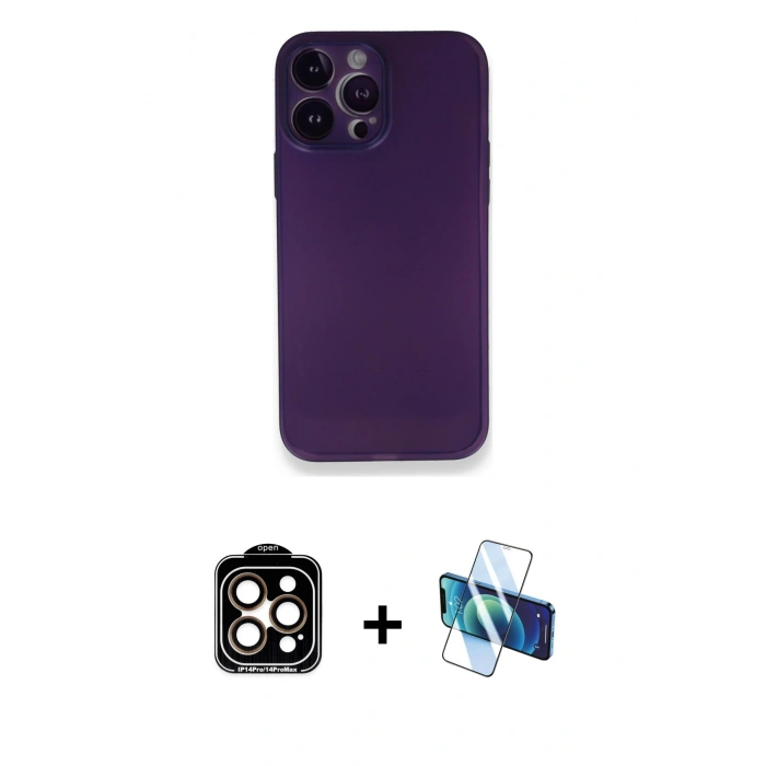 MARSİLYAN™- iPhone 14 Pro Max Kılıf Yadigar Yansıma Serisi - Siyah 3D Antistatik Cam Ekran Koruyucu + PVD Metal Kamera Lens - TU