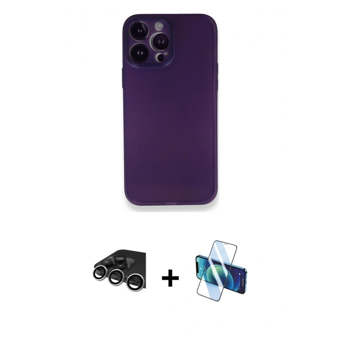 MARSİLYAN™- iPhone 14 Pro Max Kılıf Yadigar Yansıma Serisi - Siyah 3D Antistatik Cam Ekran Koruyucu + Raze Metal Kamera Lens - GS