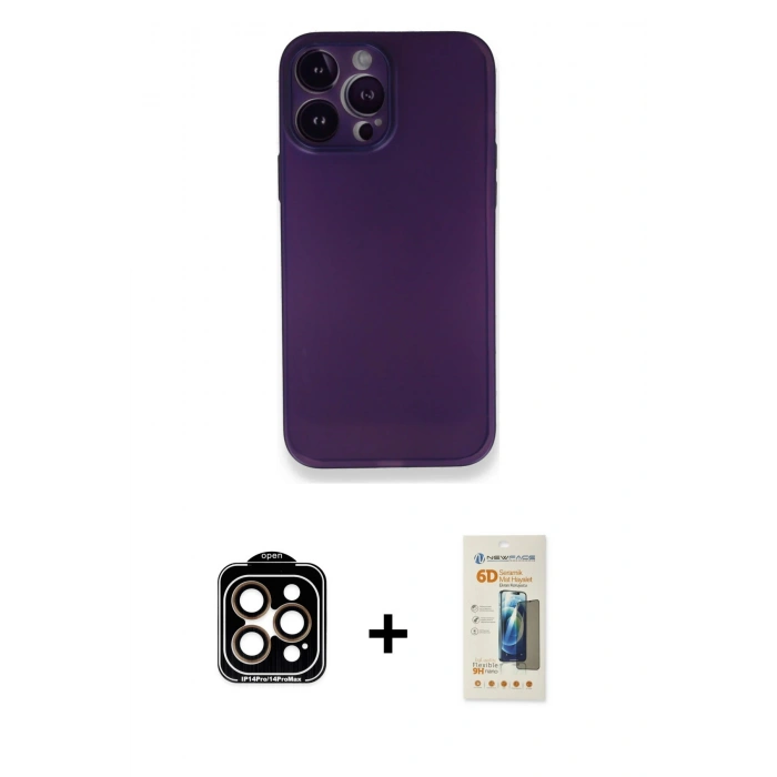 MARSİLYAN™- iPhone 14 Pro Max Kılıf Yadigar Yansıma Serisi - Siyah 6D Mat Seramik Hayalet Nano Ekran Koruyucu + PVD Metal Kamera Lens - TU