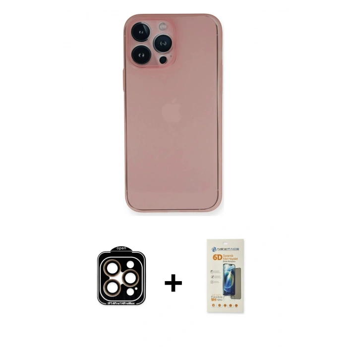 MARSİLYAN™- iPhone 14 Pro Max Kılıf Yadigar Yansıma Serisi - Siyah 6D Mat Seramik Hayalet Nano Ekran Koruyucu + PVD Metal Kamera Lens - TU