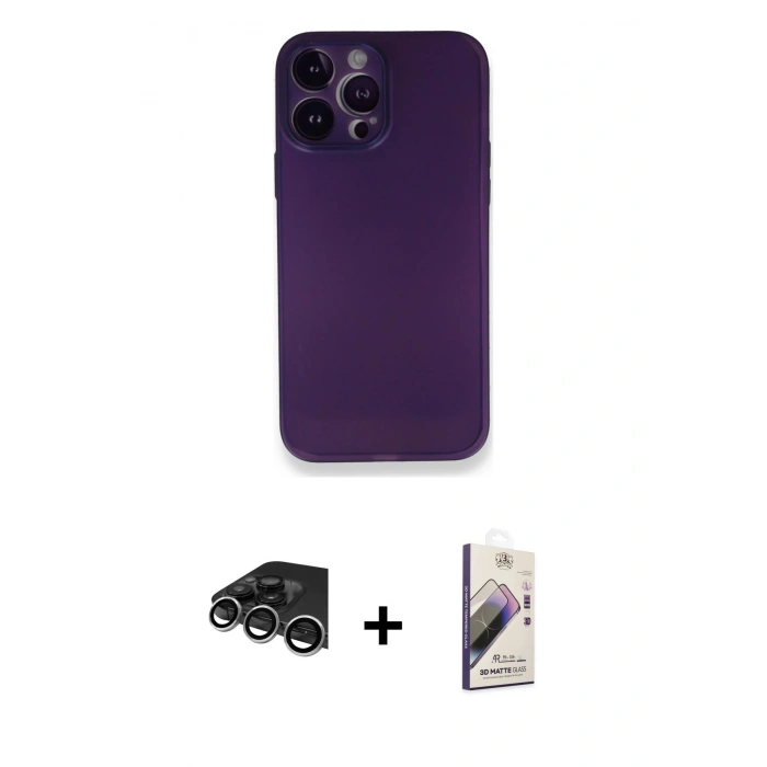 MARSİLYAN™- iPhone 14 Pro Max Kılıf Yadigar Yansıma Serisi - Siyah Bilvis 3D Mat Cam Ekran Koruyucu + Raze Metal Kamera Lens - GS