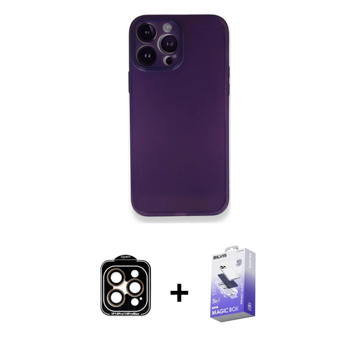 MARSİLYAN™- iPhone 14 Pro Max Kılıf Yadigar Yansıma Serisi - Siyah Bilvis 5in1 5D Magic Hayalet Cam Ekran Koruyucu + PVD Metal Kamera Lens - TU