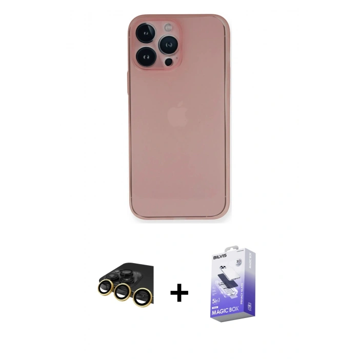MARSİLYAN™- iPhone 14 Pro Max Kılıf Yadigar Yansıma Serisi - Siyah Bilvis 5in1 5D Magic Hayalet Cam Ekran Koruyucu + Gold Raze Metal Kamera Lens