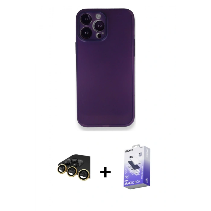 MARSİLYAN™- iPhone 14 Pro Max Kılıf Yadigar Yansıma Serisi - Siyah Bilvis 5in1 5D Magic Hayalet Cam Ekran Koruyucu + Gold Raze Metal Kamera Lens