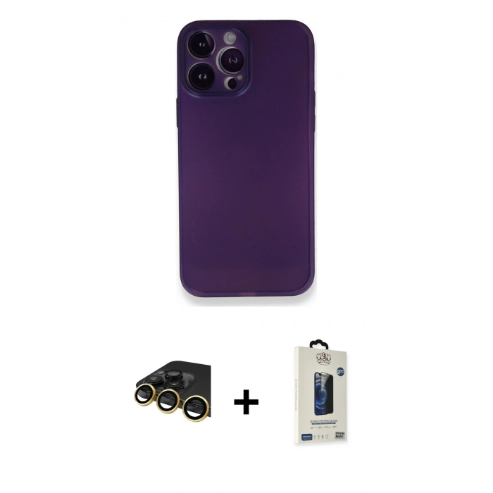 MARSİLYAN™- iPhone 14 Pro Max Kılıf Yadigar Yansıma Serisi - Siyah Bilvis Hayalet Cam Ekran Koruyucu + Gold Raze Metal Kamera Lens