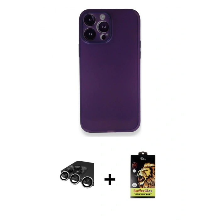 MARSİLYAN™- iPhone 14 Pro Max Kılıf Yadigar Yansıma Serisi - Siyah Buffer Cam Ekran Koruyucu + Raze Metal Kamera Lens - GS