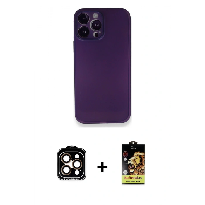 MARSİLYAN™- iPhone 14 Pro Max Kılıf Yadigar Yansıma Serisi - Siyah Buffer Cam Ekran Koruyucu + PVD Metal Kamera Lens - TU