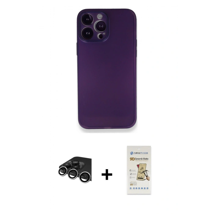 MARSİLYAN™- iPhone 14 Pro Max Kılıf Yadigar Yansıma Serisi - Siyah Mat Seramik Nano Ekran Koruyucu + Gümüş Raze Metal Kamera Lens