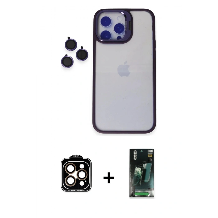 MARSİLYAN™- iPhone 14 Pro Max Kılıf Yankı Asil Serisi - Şeffaf 360 Full Body Arka Koruyucu + PVD Metal Kamera Lens - TU
