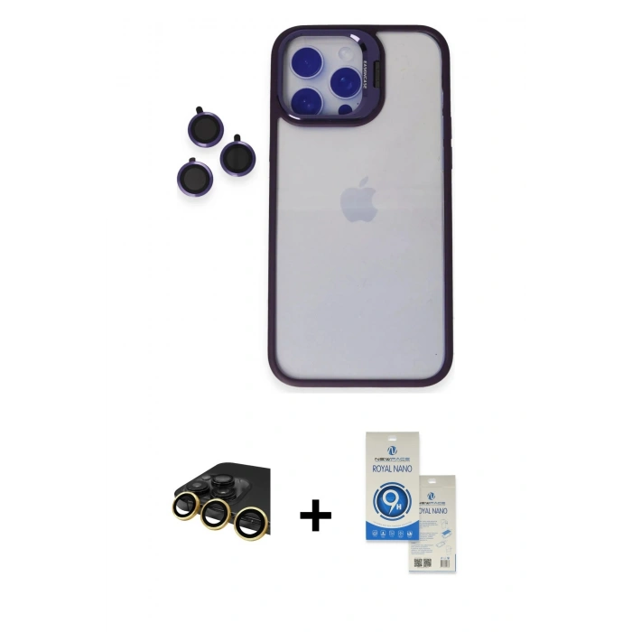 MARSİLYAN™- iPhone 14 Pro Max Kılıf Yankı Asil Serisi - Şeffaf Royal Nano Ekran Koruyucu + Raze Metal Kamera Lens - GD