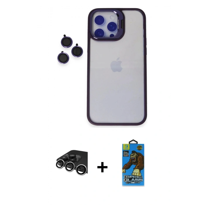 MARSİLYAN™- iPhone 14 Pro Max Kılıf Yankı Asil Serisi - Siyah 18D Cam Ekran Koruyucu + Raze Metal Kamera Lens - GS