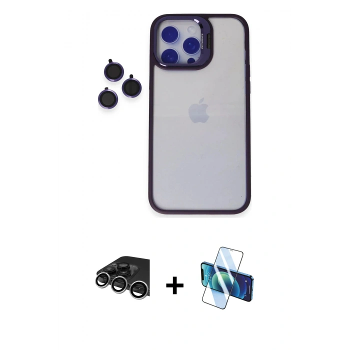 MARSİLYAN™- iPhone 14 Pro Max Kılıf Yankı Asil Serisi - Siyah 3D Antistatik Cam Ekran Koruyucu + Raze Metal Kamera Lens - GS