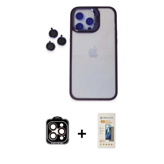 MARSİLYAN™- iPhone 14 Pro Max Kılıf Yankı Asil Serisi - Siyah 6D Mat Seramik Hayalet Nano Ekran Koruyucu + PVD Metal Kamera Lens - TU