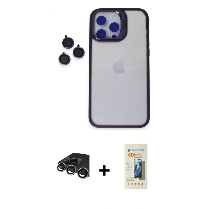 MARSİLYAN™- iPhone 14 Pro Max Kılıf Yankı Asil Serisi - Siyah 6D Mat Seramik Hayalet Nano Ekran Koruyucu + Raze Metal Kamera Lens - GS