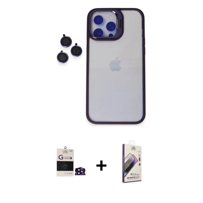MARSİLYAN™- iPhone 14 Pro Max Kılıf Yankı Asil Serisi - Siyah Bilvis 3D Mat Cam Ekran Koruyucu + Bilvis Titan Kamera Lens - DNMR