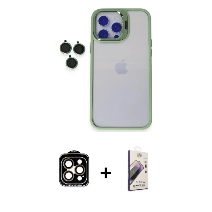MARSİLYAN™- iPhone 14 Pro Max Kılıf Yankı Asil Serisi - Siyah Bilvis 3D Mat Cam Ekran Koruyucu + PVD Metal Kamera Lens - TU