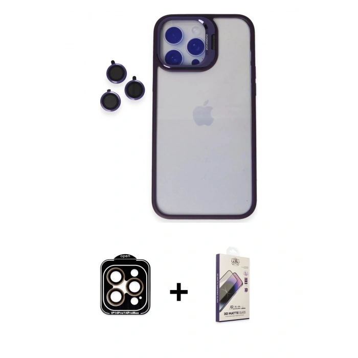 MARSİLYAN™- iPhone 14 Pro Max Kılıf Yankı Asil Serisi - Siyah Bilvis 3D Mat Cam Ekran Koruyucu + PVD Metal Kamera Lens - TU