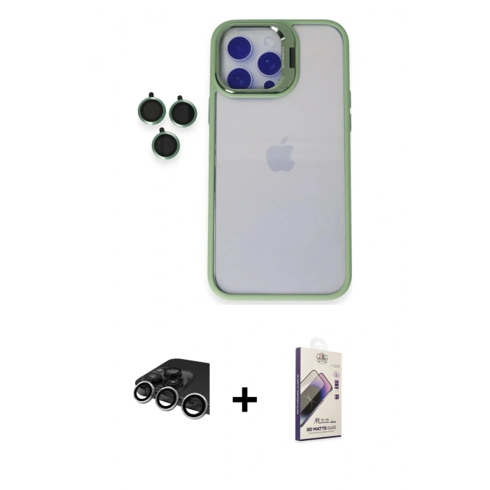 MARSİLYAN™- iPhone 14 Pro Max Kılıf Yankı Asil Serisi - Siyah Bilvis 3D Mat Cam Ekran Koruyucu + Raze Metal Kamera Lens - GS