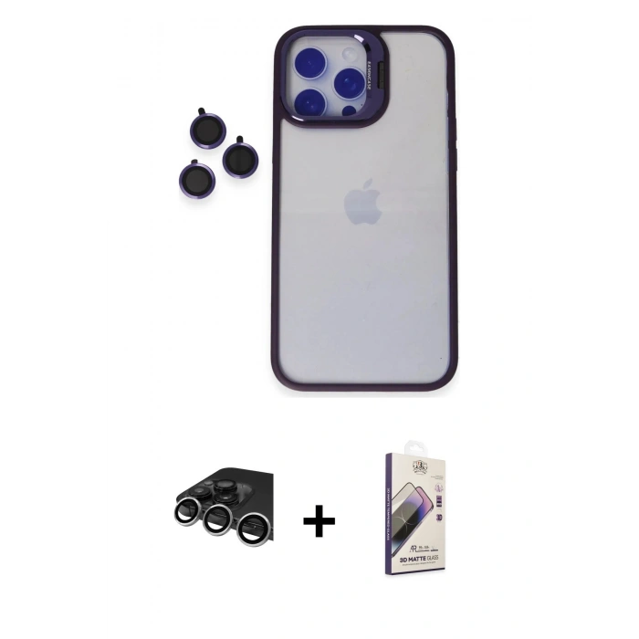 MARSİLYAN™- iPhone 14 Pro Max Kılıf Yankı Asil Serisi - Siyah Bilvis 3D Mat Cam Ekran Koruyucu + Raze Metal Kamera Lens - GS