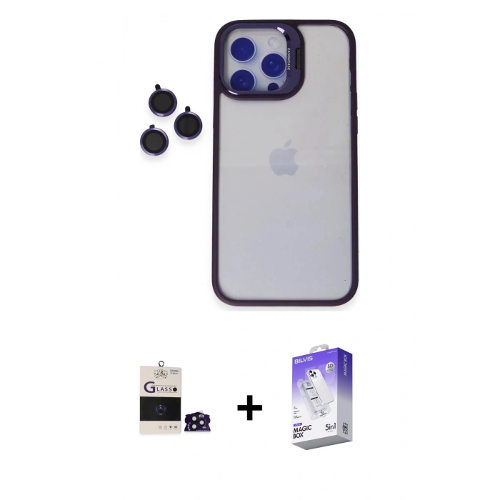 MARSİLYAN™- iPhone 14 Pro Max Kılıf Yankı Asil Serisi - Siyah Bilvis 5in1 3D Magic Cam Ekran Koruyucu + Bilvis Titan Kamera Lens - DNMR