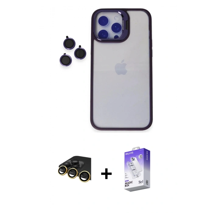 MARSİLYAN™- iPhone 14 Pro Max Kılıf Yankı Asil Serisi - Siyah Bilvis 5in1 3D Magic Cam Ekran Koruyucu + Raze Metal Kamera Lens - GD