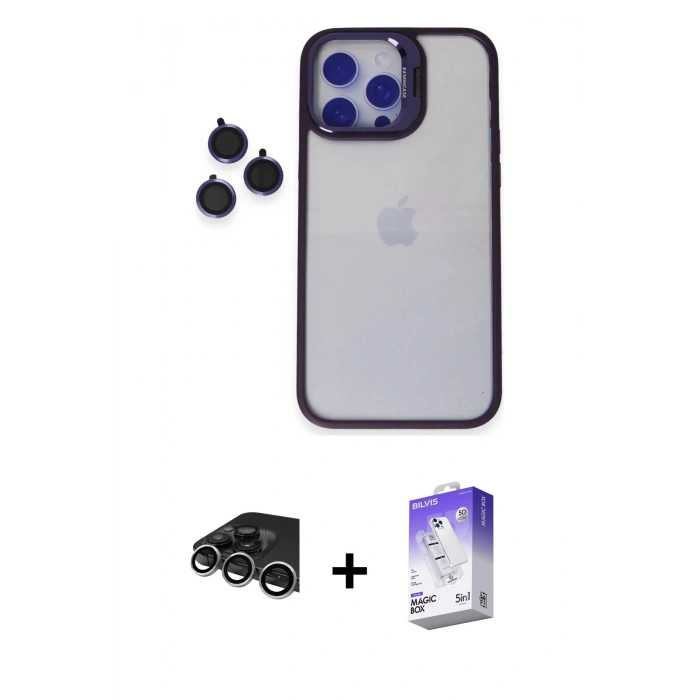 MARSİLYAN™- iPhone 14 Pro Max Kılıf Yankı Asil Serisi - Siyah Bilvis 5in1 3D Magic Cam Ekran Koruyucu + Raze Metal Kamera Lens - GS