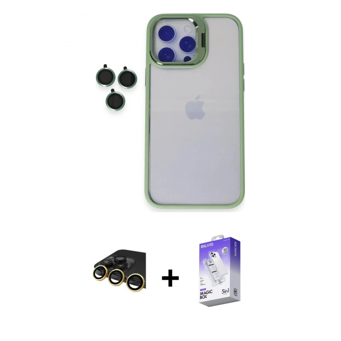 MARSİLYAN™- iPhone 14 Pro Max Kılıf Yankı Asil Serisi - Siyah Bilvis 5in1 3D Magic Cam Ekran Koruyucu + Raze Metal Kamera Lens - GD