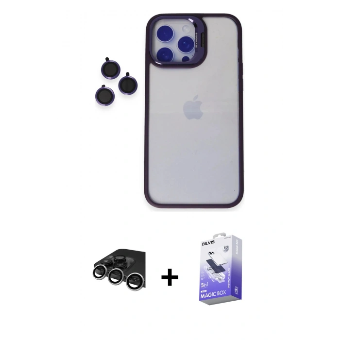 MARSİLYAN™- iPhone 14 Pro Max Kılıf Yankı Asil Serisi - Siyah Bilvis 5in1 5D Magic Hayalet Cam Ekran Koruyucu + Raze Metal Kamera Lens - GS