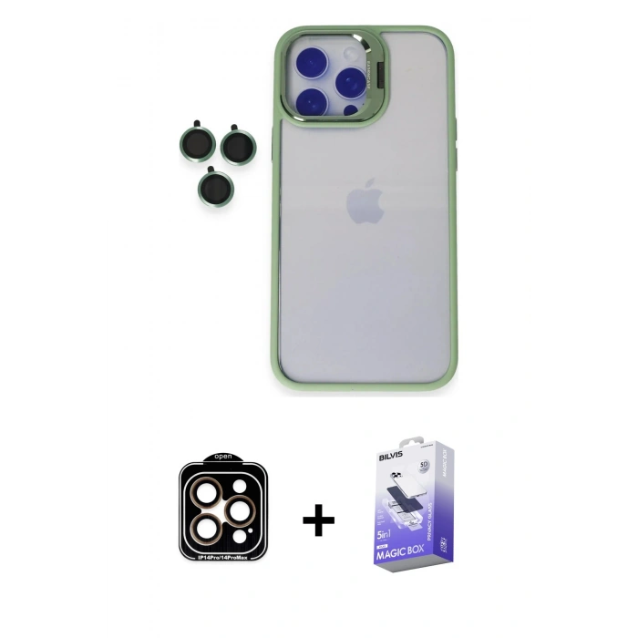 MARSİLYAN™- iPhone 14 Pro Max Kılıf Yankı Asil Serisi - Siyah Bilvis 5in1 5D Magic Hayalet Cam Ekran Koruyucu + PVD Metal Kamera Lens - TU
