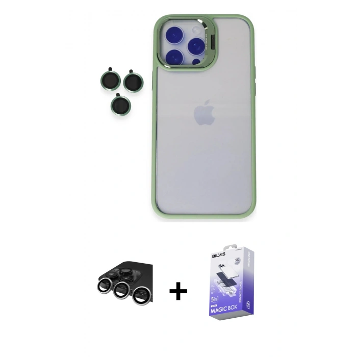 MARSİLYAN™- iPhone 14 Pro Max Kılıf Yankı Asil Serisi - Siyah Bilvis 5in1 5D Magic Hayalet Cam Ekran Koruyucu + Raze Metal Kamera Lens - GS