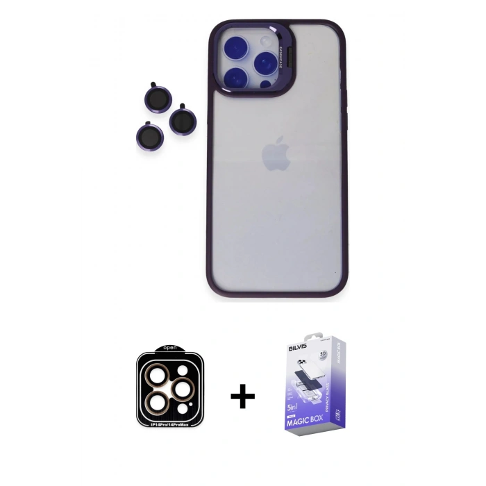 MARSİLYAN™- iPhone 14 Pro Max Kılıf Yankı Asil Serisi - Siyah Bilvis 5in1 5D Magic Hayalet Cam Ekran Koruyucu + PVD Metal Kamera Lens - TU