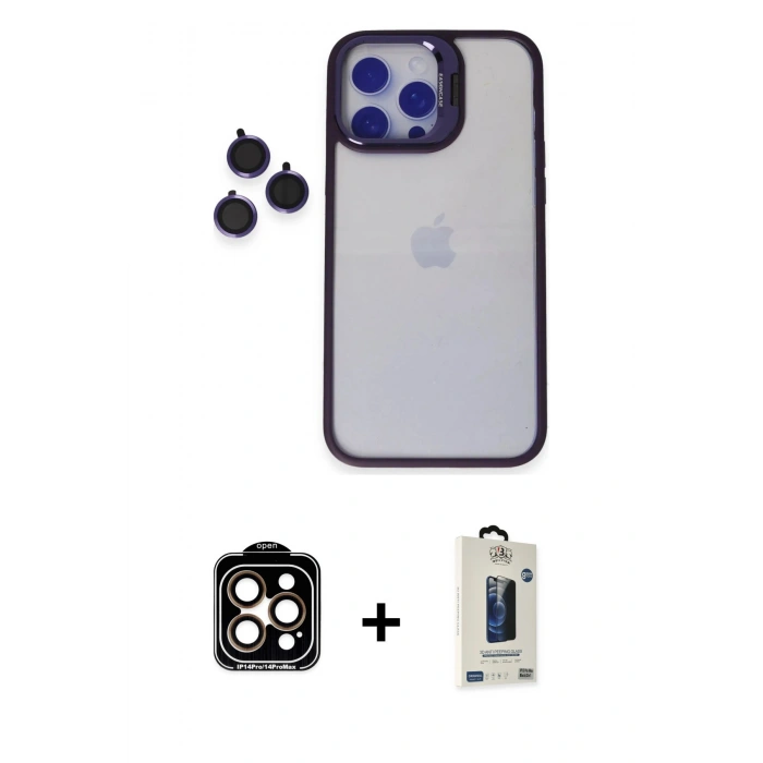 MARSİLYAN™- iPhone 14 Pro Max Kılıf Yankı Asil Serisi - Siyah Bilvis Hayalet Cam Ekran Koruyucu + PVD Metal Kamera Lens - TU