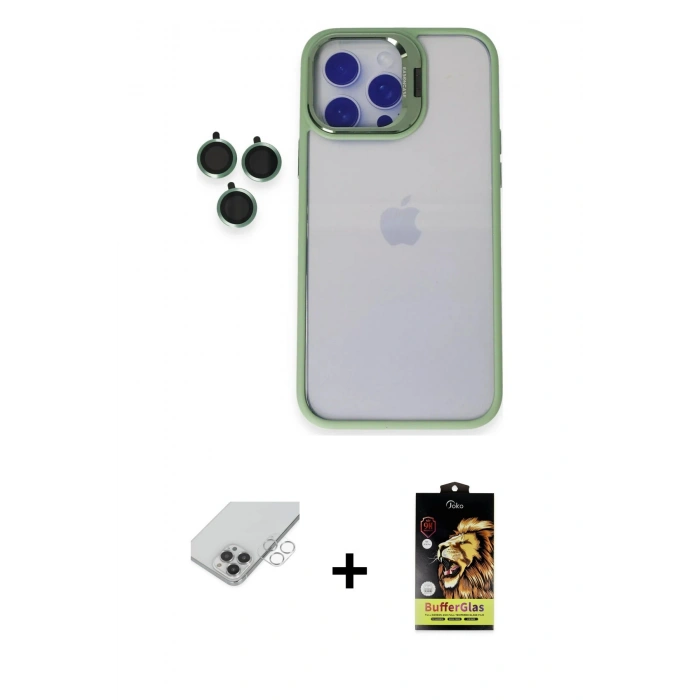 MARSİLYAN™- iPhone 14 Pro Max Kılıf Yankı Asil Serisi - Siyah Buffer Cam Ekran Koruyucu + Band Metal Kamera Lens - GS