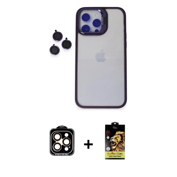MARSİLYAN™- iPhone 14 Pro Max Kılıf Yankı Asil Serisi - Siyah Buffer Cam Ekran Koruyucu + PVD Metal Kamera Lens - TU