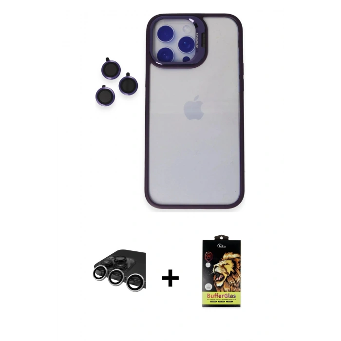 MARSİLYAN™- iPhone 14 Pro Max Kılıf Yankı Asil Serisi - Siyah Buffer Cam Ekran Koruyucu + Raze Metal Kamera Lens - GS