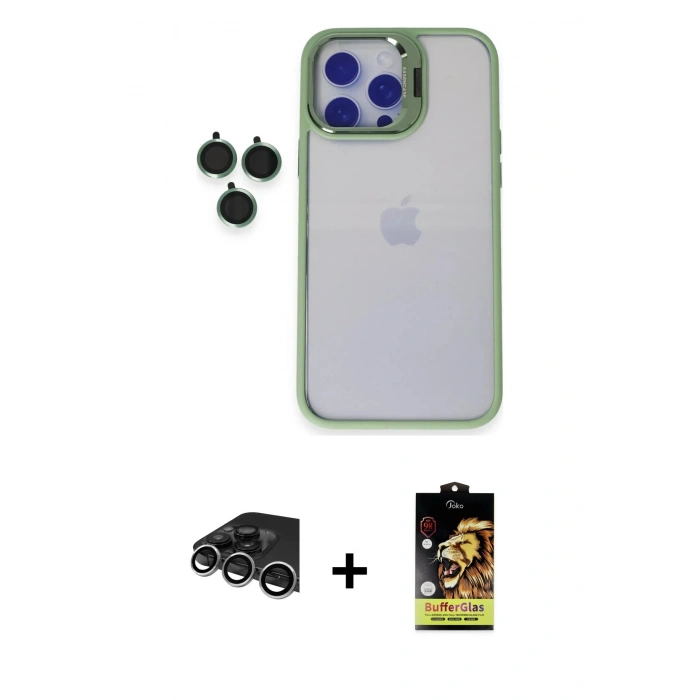 MARSİLYAN™- iPhone 14 Pro Max Kılıf Yankı Asil Serisi - Siyah Buffer Cam Ekran Koruyucu + Raze Metal Kamera Lens - GS