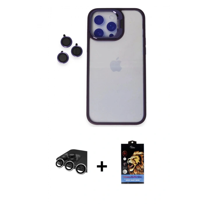 MARSİLYAN™- iPhone 14 Pro Max Kılıf Yankı Asil Serisi - Siyah Buffer Hayalet Cam Ekran Koruyucu + Raze Metal Kamera Lens - GS