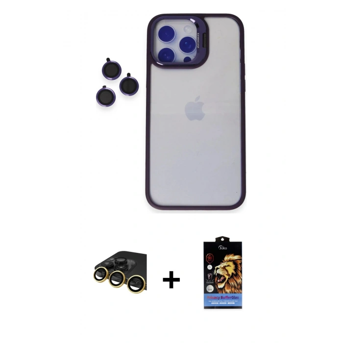 MARSİLYAN™- iPhone 14 Pro Max Kılıf Yankı Asil Serisi - Siyah Buffer Hayalet Cam Ekran Koruyucu + Raze Metal Kamera Lens - GD