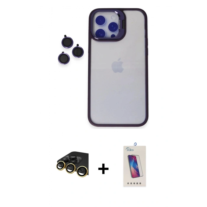 MARSİLYAN™- iPhone 14 Pro Max Kılıf Yankı Asil Serisi - Siyah Joko 5D Cam + Raze Metal Kamera Lens - GD
