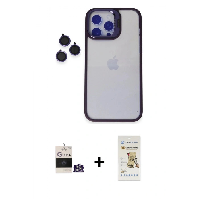 MARSİLYAN™- iPhone 14 Pro Max Kılıf Yankı Asil Serisi - Siyah Mat Seramik Nano Ekran Koruyucu + Bilvis Titan Kamera Lens - GS